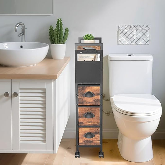 3 Drawer Narrow Dresser Side End Table Small Spaces, Slim Nightstand Bedside Sofa Table with Wheels, Space Saving Skinny Thin Couch Desk with Storage Bag for Bedroom Living Room Bathroom,Black