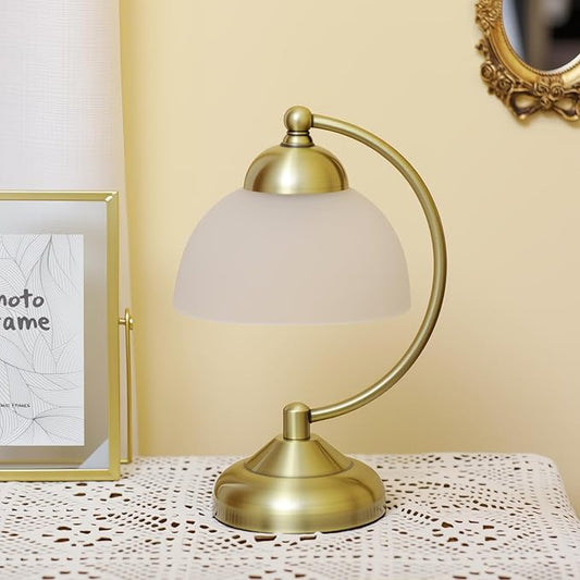 Small Modern Touch Glass Bedside Table Lamp, 7 x 7 x 10 Inch Bronze Base Table Lamp for Bedrooms and Office (White Frosted Glass Shade)