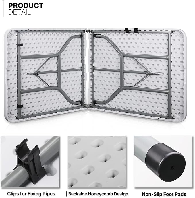MoNiBloom 6Ft Folding Table, Heavy Duty Portable Plastic Dining Tables Fold in Half Indoor Outdoor Desk w/Handle, Lock for Camping Picnic Party, White