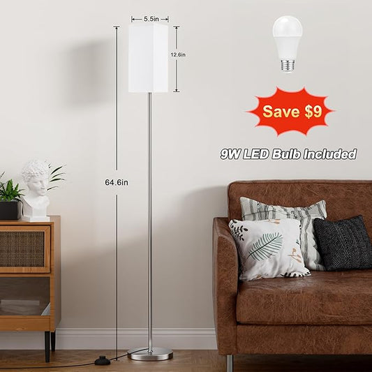 Ambimall Remote Control Floor Lamp, Stepless Dimmable, 64 Inches Tall, Include 9W Bulb, Standing Lamp for Living Room Bedroom Office (White & Sliver)
