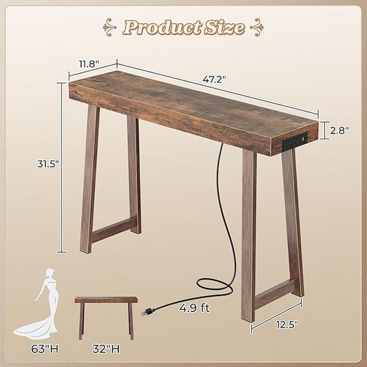 Huuger Entryway Console Table with Charging Station, USB-C Port, 47.2 Inch Sofa Table with Metal Legs, Entry Hallway Table with Thicker Desktop, Modern Behind Couch Table, Rustic Brown