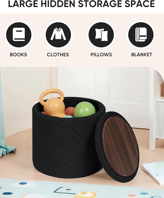 B FSOBEIIALEO Ottoman with Stroage, Boucle Round Storage Ottoman with Tray,Foot Rest Stool for Dorm Room, Living Room Black, 12.99"x12.99"x13.78"