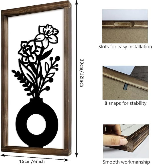 Kas Home 3D Floral Wall Art, 2 Set Rustic Wood Boho Flower with Vase Framed Wall Decor for Bathroom Living Room Bedroom Office Housewarming Gift, Ready To Hang Plaque Sculptures (White-B, 6L" x 12W", Framed)