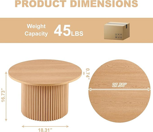 27" Round Coffee Table, Coffee Table for Living Room, Mid Century Modern Wood Coffee Table, Drum Accent Small Center Table, Oak Wood Veneer