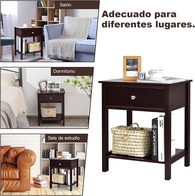 Giantex Nightstand, Wood End Table with Drawer and Open Shelf, Night Stand for Small Spaces, 2-Tier Bedside Table for Living Room Bedroom Dorm, Easy Assembly, Brown