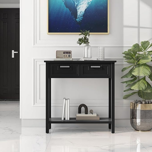 GOFLAME Small Console Table with 2 Drawers, 31” Entry Table with Storage Shelf, Modern, Narrow Sofa Table for Living Room, Hallway, Entrance (Black)