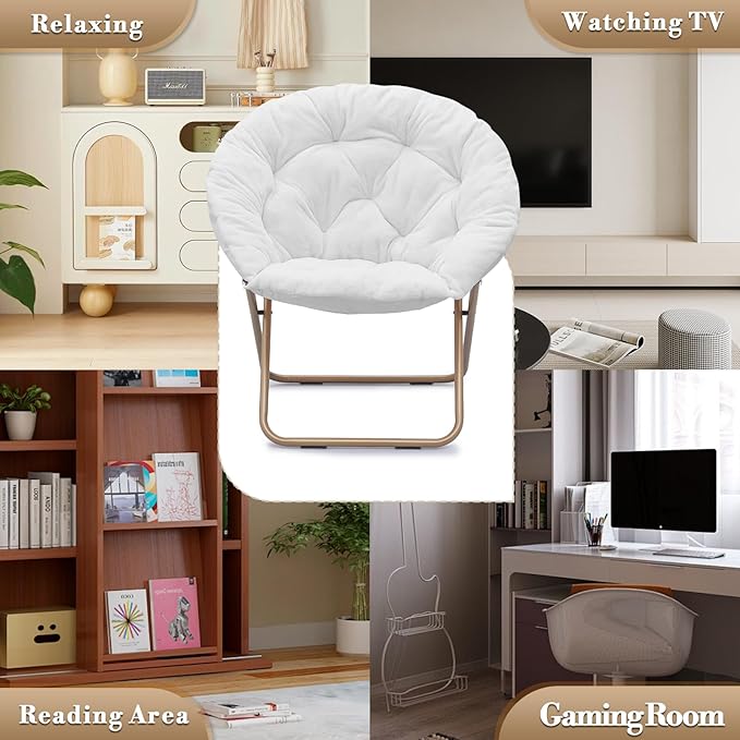 Athena Collection Modern White Faux Fur Saucer Chair with Ottoman, Foldable, Comfy Accent Chair for Bedroom, Living Room, Outdoor, 300lbs Weight Capacity