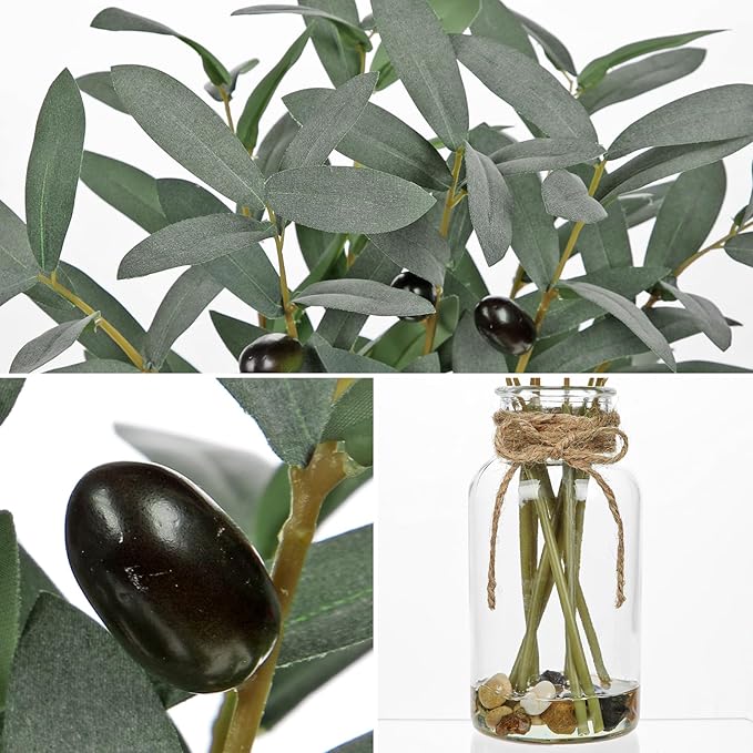 DILATATA Artificial Olive Stems in Glass Vase with Faux Water and Real Stones 15" Fake Greenery Plant Olive Leaves for Home Office Farmhouse Bathroom Bedroom Kitchen Table Centerpiece Decor