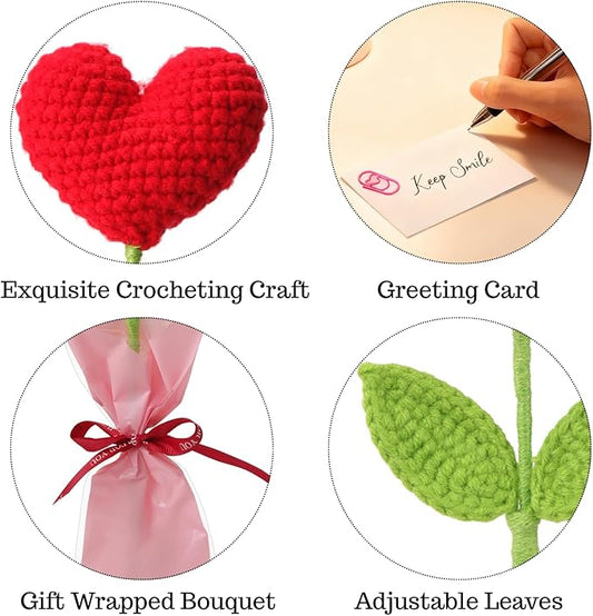 Hand-Crocheted Heart Flower Doll Bouquet - DIY Knitted Desk Decor, Romantic Gift for Girlfriend Valentine's Birthday Anniversary, Home Office Decoration