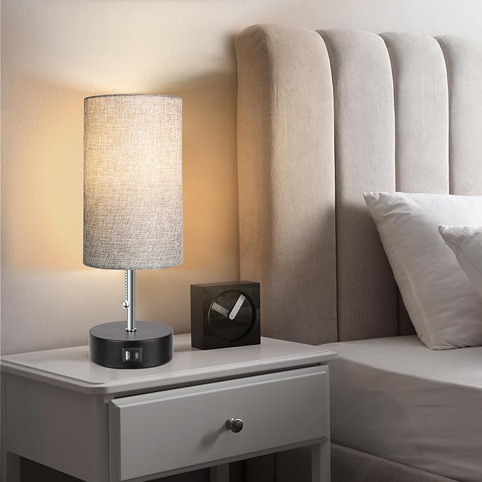 3-Color Temperature Bedside Lamp Nightstand Lamp with USB A Port and C Port, Table Lamp for Bedroom with LED Bulb Small Lamps for Living Room (Gray)