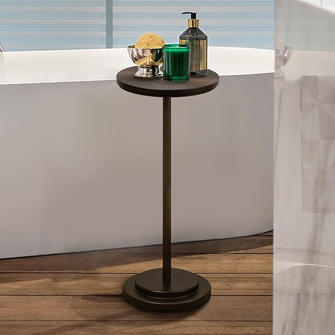 Drink Table, Carved Table Top Martini Table, Small Side Table, Weighted Base Pedestal Table for Living Room, Bedroom, Bathroom, Brown