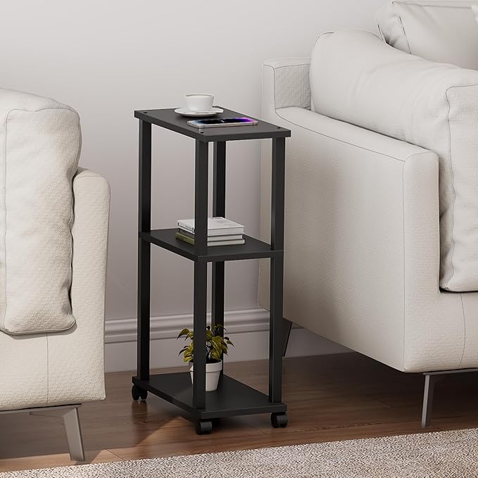 TUTOTAK Small Side Table, Narrow End Table, Bedside Table, Set of 2, Couch Side Table with Wheels for Living Room or Bedroom, Black TB01BK0612