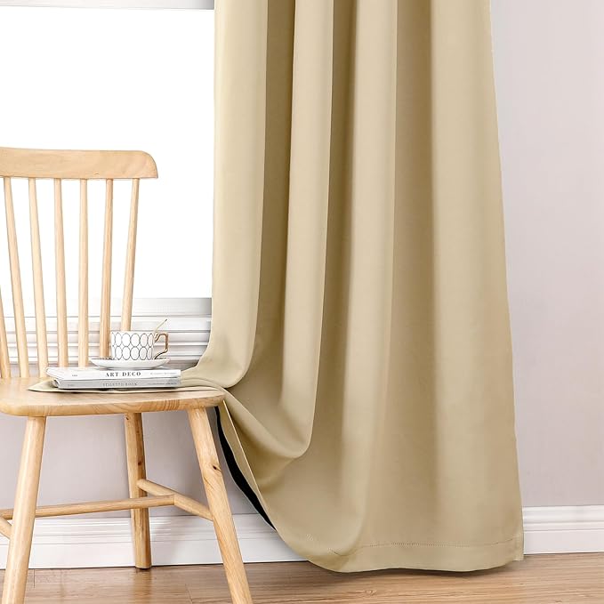 ChrisDowa 100% Blackout Curtains 108 inch Long for Bedroom with Black Liner, 2 Thick Layers Total Blackout Thermal Insulated Grommet Window Curtains 2 Panels Set (Beige, 52 x 108 Inch)