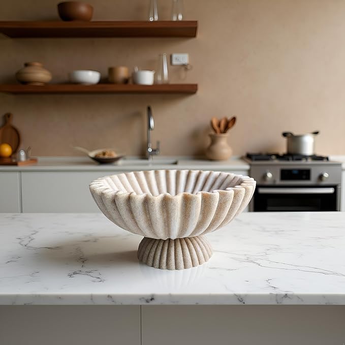 10" Large Decorative Bowl decor, Scalloped Bowls for Modern Home Decor,Ruffle Decor,Stylish Key Bowl for Entry Table,Decorative Fruit Bowl for Kitchen Counter,With base,Artificial Stone Beige