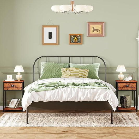 Furologee Nightstands Set of 2, Night Stand with Fabric Drawer and Storage Shelf, Retro Bedside Sofa Tables for Small Place, End Side Tables Living Room Bedroom, Rustic Brown