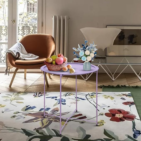 VILAWLENCE Metal End Table Side Table Round Folding Tray, Sofa Small Accent Fold-able Side Table Tray,Outdoor Side Sofa Table, Snack Table for Living Room and Bed Room 18.5 in (Purple)