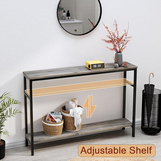 Narrow Console Table, 47 Inch Sofa Table with Adjustable Shelf, 2-Tier Long Skinny Table for Hallway, Entryway, Living Room, Foyer, Grey