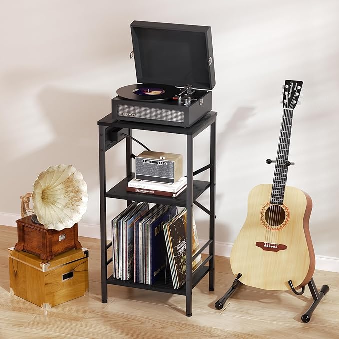 Record Player Stand with Charging Station, 3-Tier Side Table with LED Light, End Table Nightstand for Vinyl Storage, Tall Beside Tables Turntable Stand Living Room, Bedroom, Black
