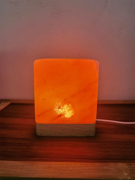 USB Colour Gradient Himalayan Salt lamp, Solid Wood Base Atmosphere Decoration Square Salt lamp with Remote Control, Natural Crystal Stone Bedside Night Light, Handmade Crafts.