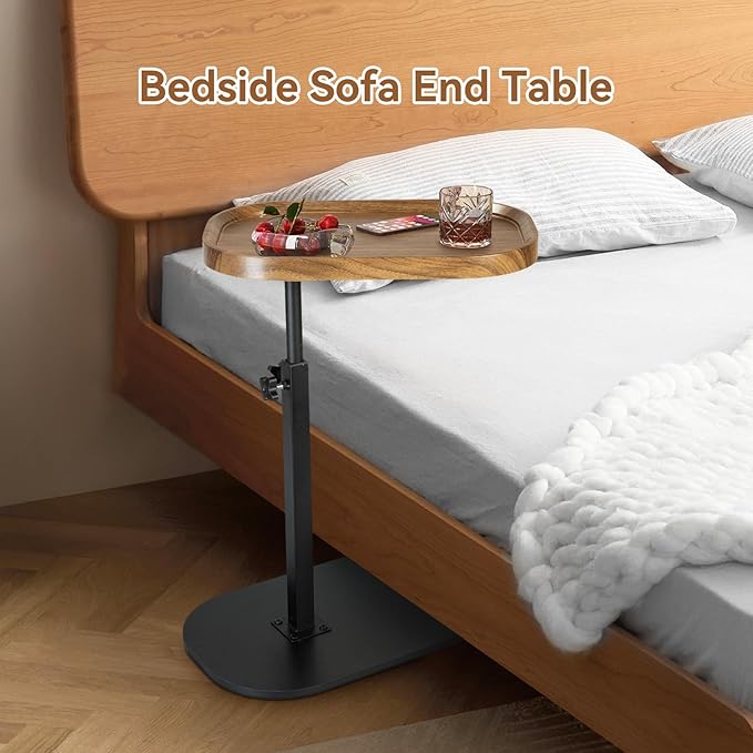 C Shaped End Table for Couch, Sofa Armrest Tray Table with Adjustable Height, 360° Swivel Sofa Bed Bathroom TV Tray for Living Room,Bed Side, Bedroom,Study and Small Spaces(Walnut Color)