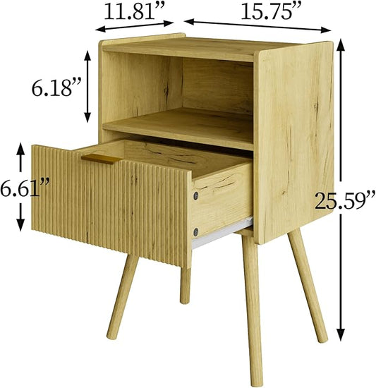 Nightstand,Modern Bedside Table with Storage Drawer and Open Wood Shelf, Accent Night Stand with Solid Wood Legs for Living Room, Bedroom and Small Spaces,Easy Assembly (Yellow Oak)