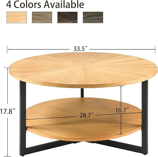 Round Coffee Table with Storage Shelf, 33.5in Circle Accent Center Table with Black Metal Legs, 2-Tier Industrial Cocktail Table for Living Room, Oak-1338OA