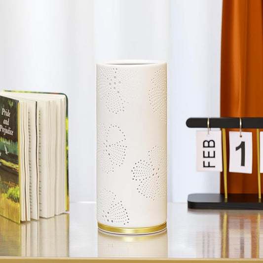 Small Modern Ceramics Bedside Table Lamp, 4.5 x 4.5 x 11 Inch White Flowers Style Nightstand Lamps, Side Table Lamps for Bedroom Living Room Entryway Table Light