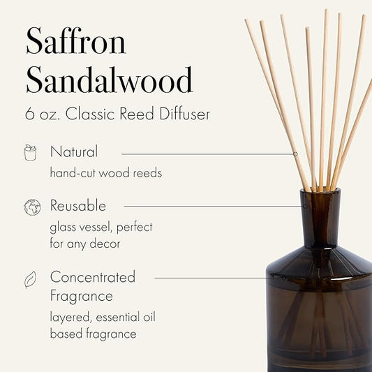 LAFCO New York Fall Classic Reed Diffuser, Saffron Sandalwood - 6 oz - Up to 3 Months Fragrance Life - Reusable, Hand Blown Glass Vessel - Natural Wood Reeds - Made in The USA