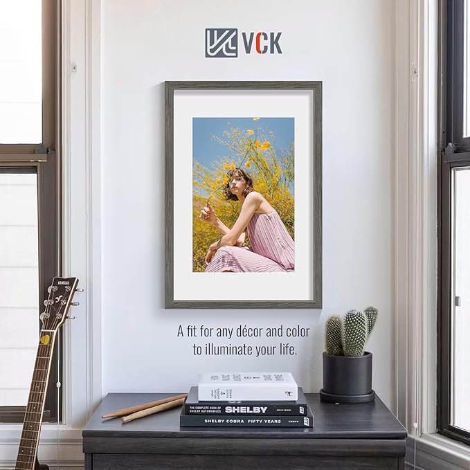 VCK 16x24 Poster Frame 2 Pack - Grey, High-End Wood Picture Frames with Polished Plexiglass, Display 12x18 Photo with Mat or 16x24 without Mat, Art Gallery-Quality, Wall Hanging, Grey