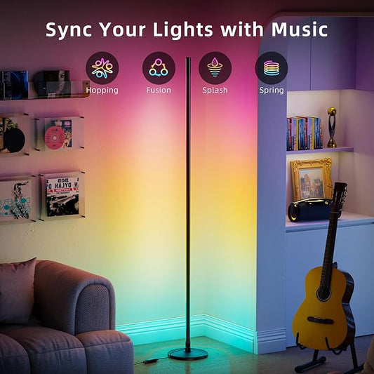 luckystyle Smart RGB Corner Floor Lamp,Bright LED Tall Modern Floor Lamp with APP and Remote,Ambient Lighting Color Changing Standing Lamps with Music Mode and Timing for Living Room,Bedroom,Party