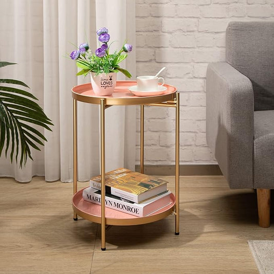 HollyHOME 2-Tier Round Gold Side Table, Outdoor Small Folding Accent Stand with Removable Tray, Anti-Rust Metal Asional Table for Balcony Patio Living Room, Nightstand for Bedroom(Gold&Pink)