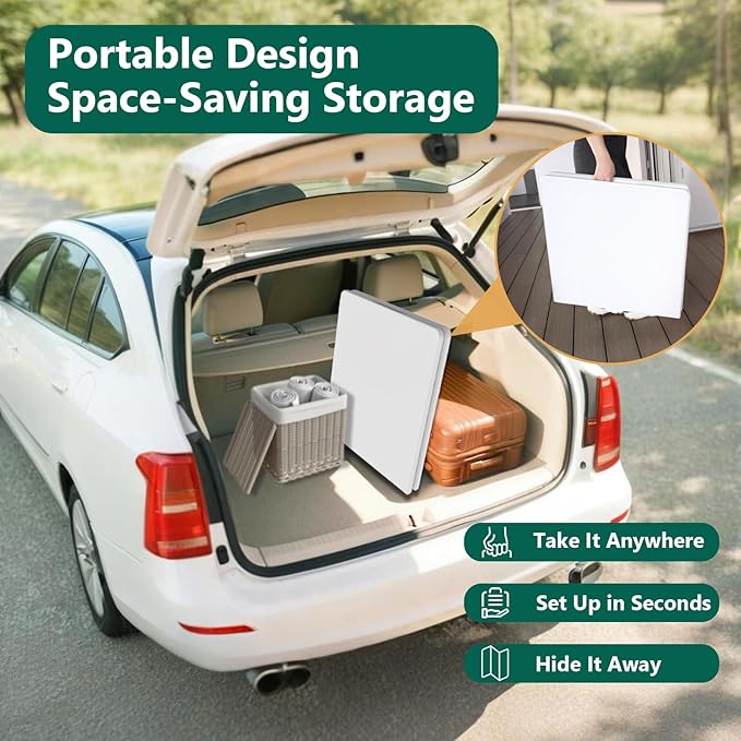 4ft Folding Table with Adjustable Height, Heavy Duty Fold-in-Half Plastic Table with Steel Legs, Portable for Indoor, Outdoor, Picnic, Camping, Dining, Party, White