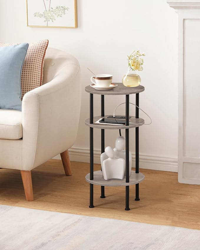 Small Round Side Table with Charging Station, Round End Accent Table, 3-Tier Sofa Side Table for Small Spaces, Nightstand for Living Room, Bedroom, Greige and Black TBZ06UFH