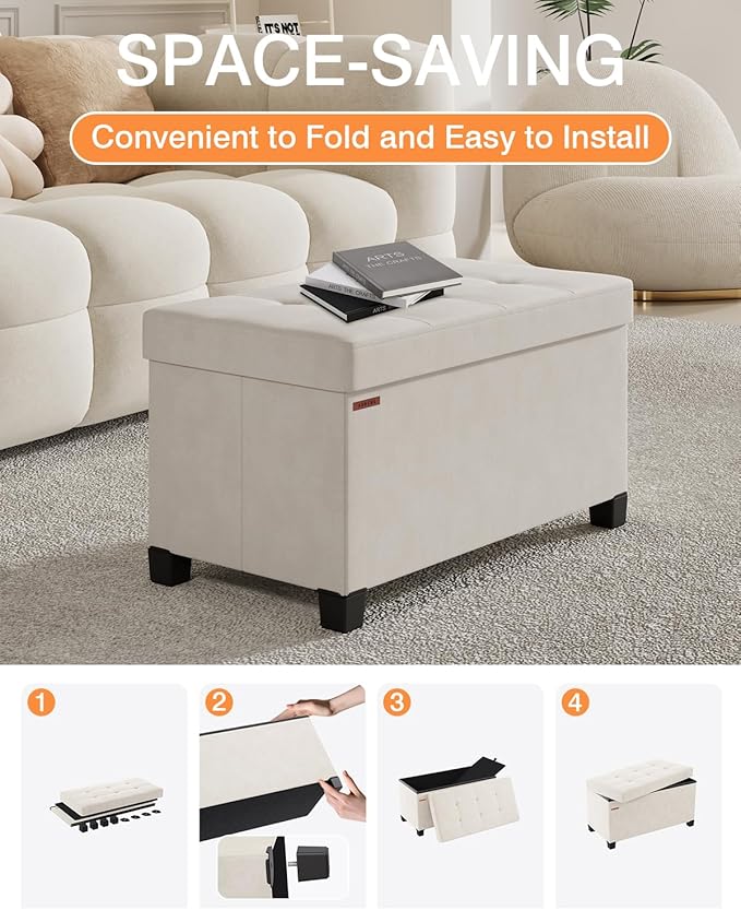 Foldable Storage Ottoman Bench, Velvet Footrest and Seat Cube with Feet, Storage Chest, for Living Room, Bedroom and Office, 15 x 30 x 15.7 Inches, Cream White,ASND23W