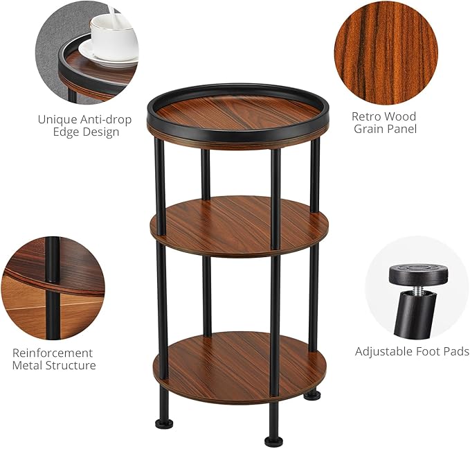 Side Table, Small Round Side Table for Small Spaces, 3-Tier Round Accent Table Slim Side Table, Modern Sofa End Table Corner Table for Living Room Bedroom Nightstand (Classic, Cherry)