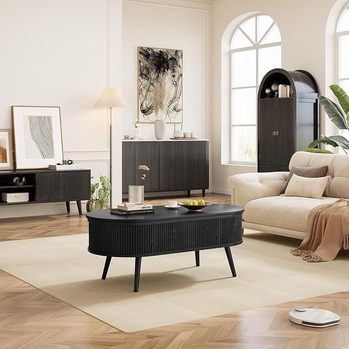 Mid Century Oval Coffee Table, Fluted Center Table with Lift Top, Modern Dining Table with Storage for Living Room Home Office, 39.4", Black