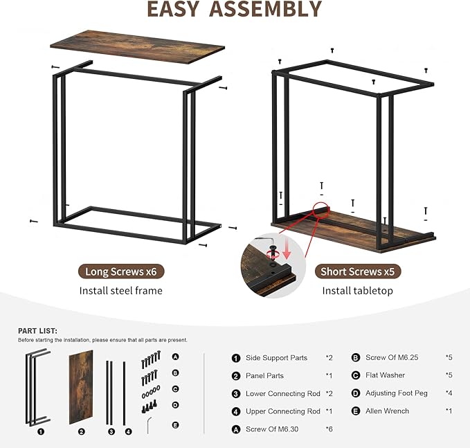 C-Shaped Side Table, Modern End Table with Metal Frame, Space Saving Design for Living Room,Large Surface Couch Table for Bedroom, and Home Office,24 x 12 x 24 inches (Brown)