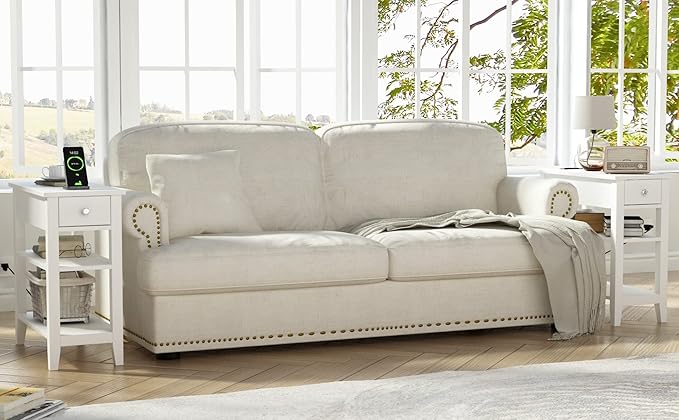 ChooChoo Narrow End Table with Charging Station, Side Table Living Room with USB Ports & Power Outlets and Hidden Drawer, 3-Tier Skinny Nightstand with 2 Open Storage Shelves for Small Place (White)