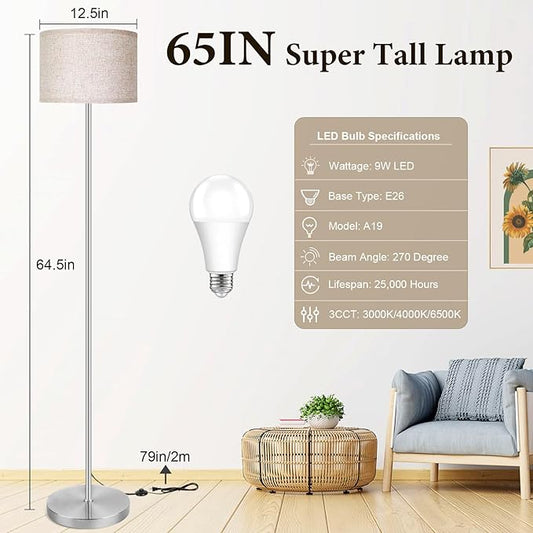 65‘’Modern Simple Floor Lamp Foot Switch, Silver Standing Lamp for Living Room with 3-Color Changing LED Bulb, Dimmable LED Floor Light for Bedroom Kid Office, Stand Up Lamp with Linen Shade, E26 Base