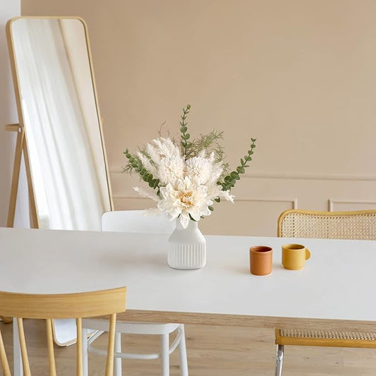 Mkono Small Artificial Flowers in Ceramic Vase 13.5" Centerpieces Coffee Table Decor, Silk Flower Arrangements for Home Decor Indoor Fake Flower Bouquet for Dining Room Kitchen Wedding, White