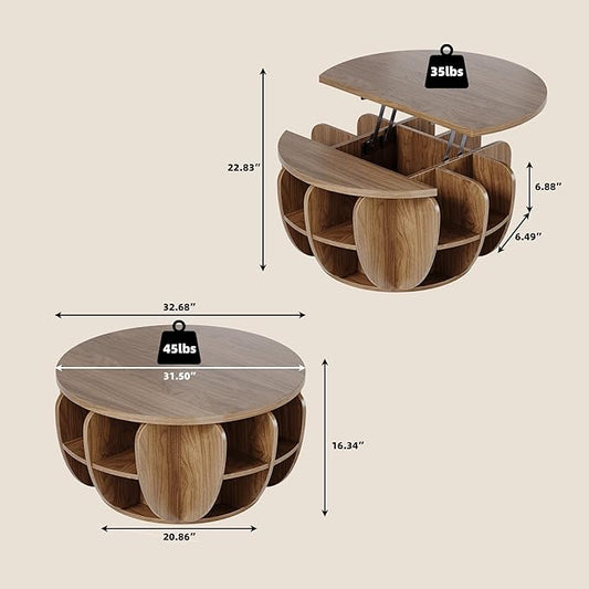 32.7" Lift Top Coffee Table with Storage, Wood Round Center Table with Hidden Storage Compartment & Shelves, Mid Century Modern Coffee Tables for Living Room Rustic Accent Small Center Table