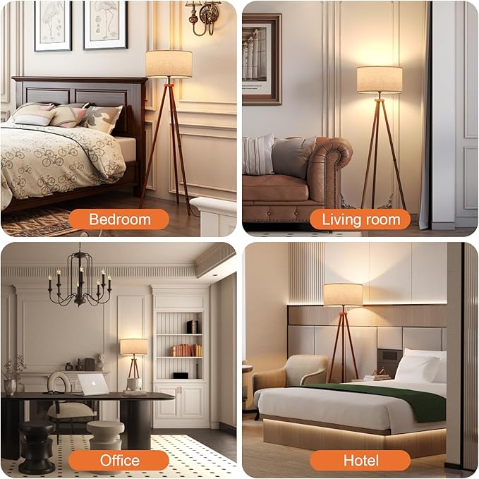 LiteHistory Wood Tripod Floor Lamps for Living Room, Bedroom, and Office,Standing lamp with Beige Linen Shade, 12W Three-Color Bulb Included, Pull Chain Switch, Tall lamp for Mothers Day Gifts, Brown