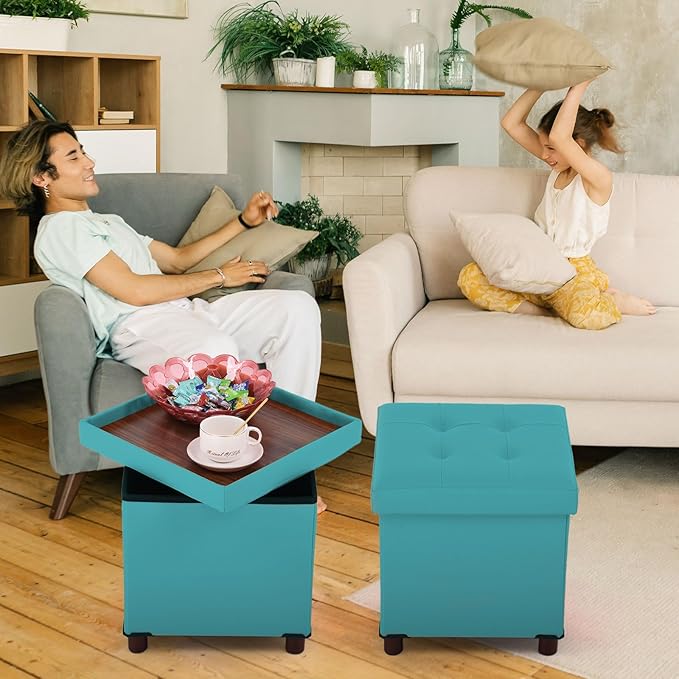 Storage Ottoman - Foldable Footstool with Storage, Square Tray, Coffee Table Lid, Light Green