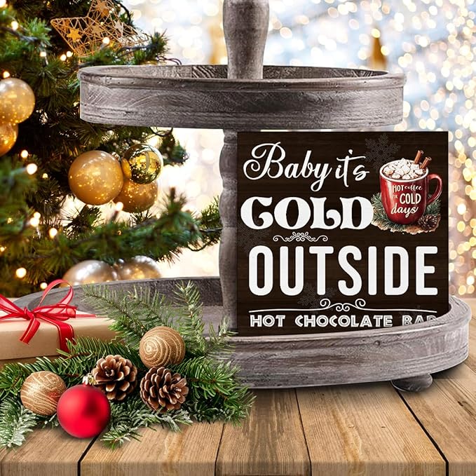Hot Chocolate Bar Christmas Decorations - Winter Christmas Decor, Hot Cocoa Bar Wooden Sign, Home Kitchen Decor for Desk Table Shelf 5 X 5 Inches