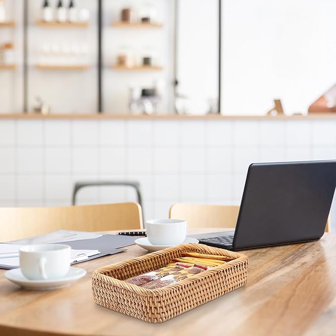 BTSKY Small Remote Basket for Coffee Table Entryway Living Room Rattan Serving Tray 10.1x6.1 inches Handwoven Wicker Baskets Decorative Tray for Remote Control Trinkets Rings Cosmetics Crackers Candy