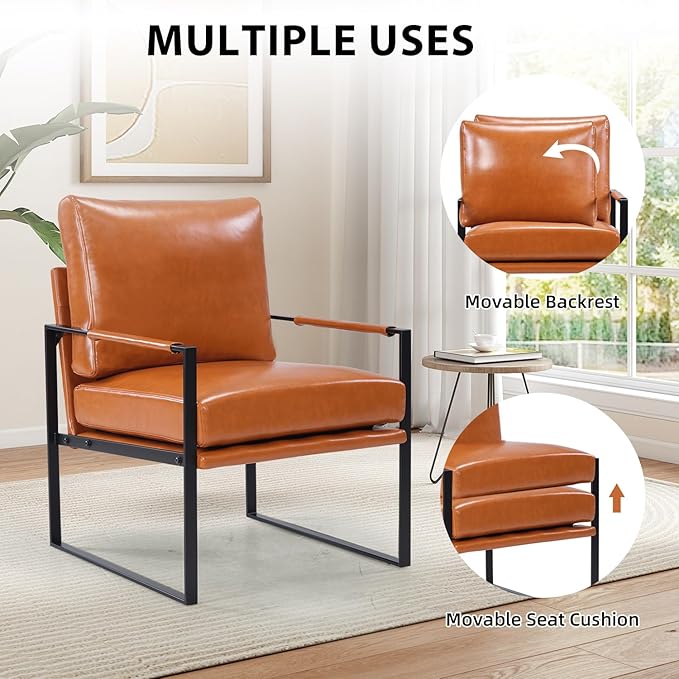 INZOY Mid Century Modern Accent Chair with Removable Cushions Set of 4, Comfy PU Leather Living Room Chairs with Thicker Backrest and Cushion, Metal Frame Design, Brown
