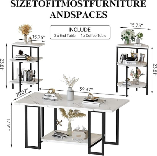 AWQM Faux Marble Table Set,Coffee Table & 2 Side Table, Faux Marble Tabletop and Metal Frame, 3 Piece Table Sets, for Living Room Apartment,White & Black