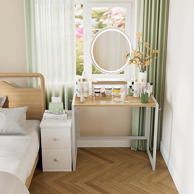 Folding Desk with Monitor Stand, 31.5 Inch Foldable Computer Desk with Hook, Sturdy Small Space Saving Writing Table for Home Office Dorm, Oak