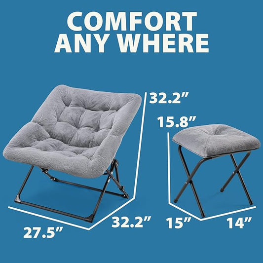 OAKHAM Comfy Chair for Adults, Soft Faux Fur Folding Lounge for Bedroom Living Room Dorm Rooms Flexible Reading Chair for Teens Kids, X-Large Foldable (Ottoman-Grey)