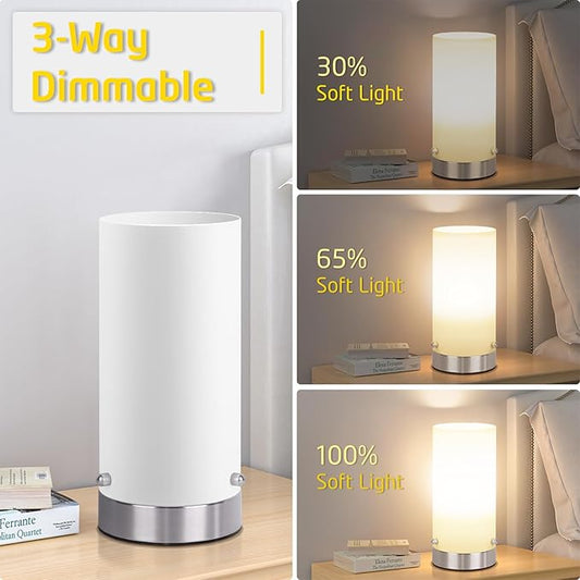 Bedside Table Lamp for Bedroom, 3 Way Dimmable Touch Control Table Lamps for Nightstand, Modern Desk Lamp with Glass Lamp Shape, 2700K 6W Bulb Included(Nickel).